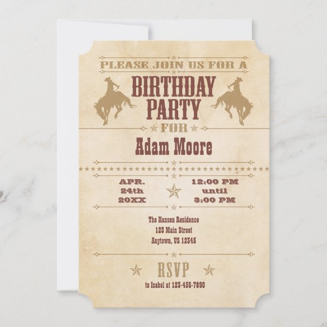 Tan Brown Beige Vintage Cowboy Birthday Invitation (Front)