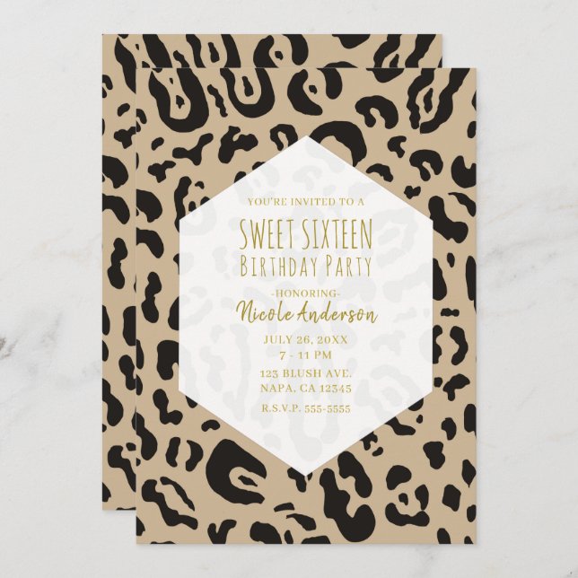 Tan Brown & Black Cheetah Leopard Chic Sweet 16 In Invitation (Front/Back)