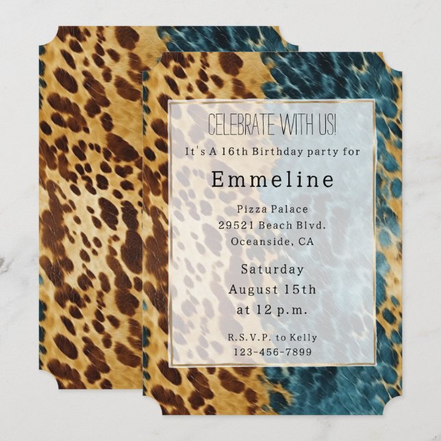 Tan Brown Blue Southwest Cowhide Invitation (Front/Back)