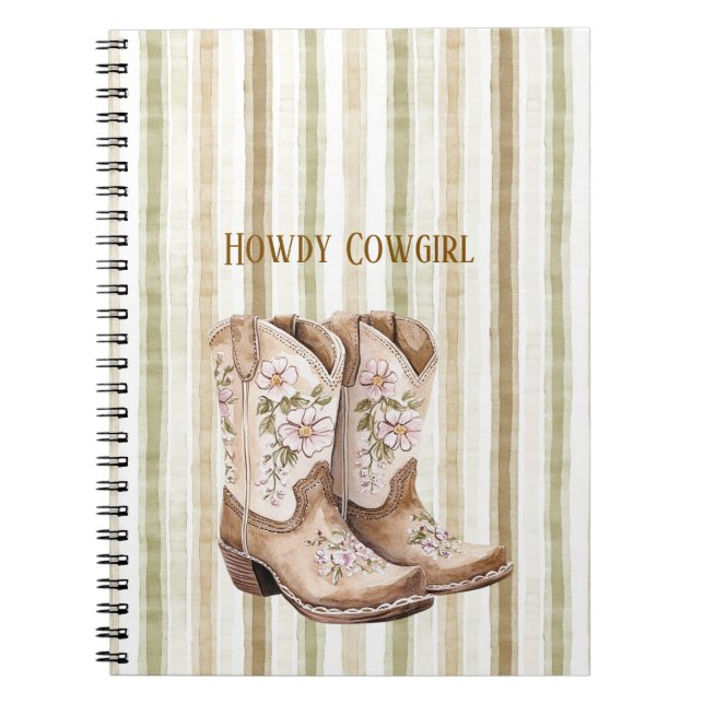 Tan Brown Blush Pink Floral Cowgirl Boots Notebook (Front)