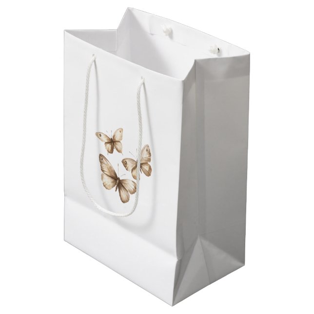 Tan Brown Cream Butterflies Medium Gift Bag (Front Angled)
