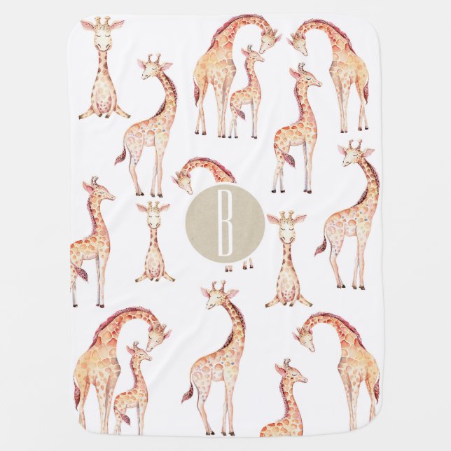 Tan Brown Giraffes Whimsical Rustic Kraft Monogram Stroller Blanket (Front)