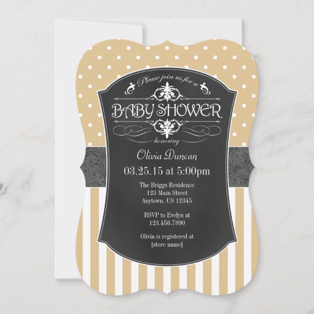 Tan Brown Gray Chalkboard Stripes Baby Shower Invitation (Front)