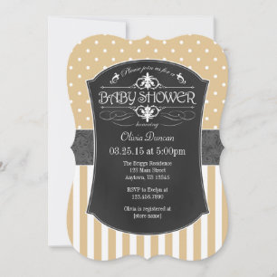 Tan Brown Gray Chalkboard Stripes Baby Shower Invitation