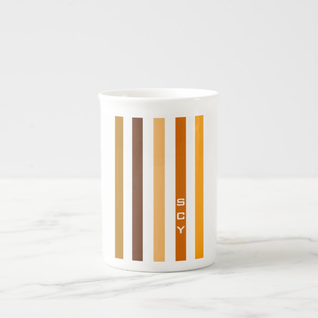 Tan Brown Orange Vertical Stripes Monogram Bone China Mug (Front)