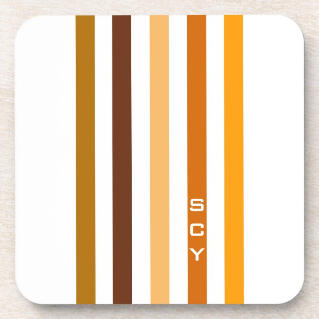 Tan Brown Orange Vertical Stripes Monogram Drink Coaster (Front)