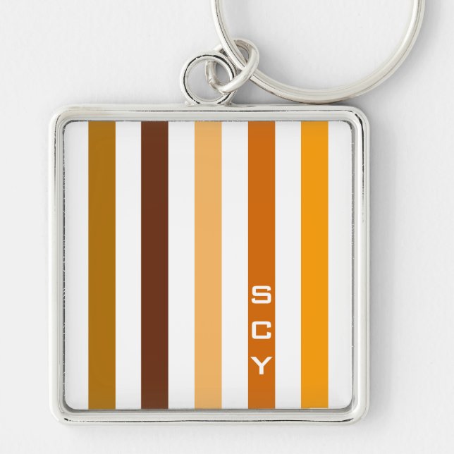 Tan Brown Orange Vertical Stripes Monogram Keychain (Front)