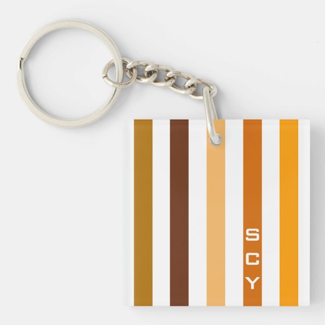 Tan Brown Orange Vertical Stripes Monogram Keychain (Front)