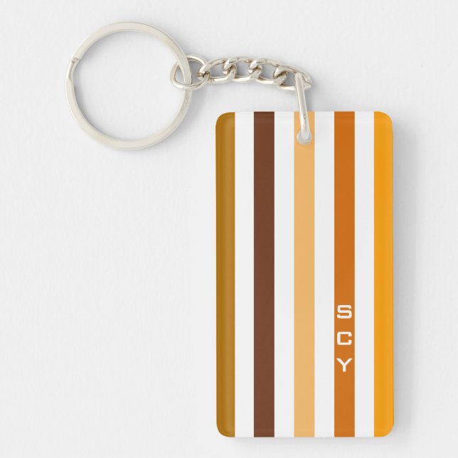 Tan Brown Orange Vertical Stripes Monogram Keychain (Front)