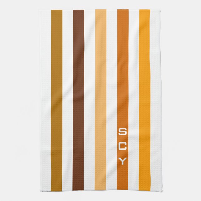 Tan Brown Orange Vertical Stripes Monogram Kitchen Towel (Vertical)