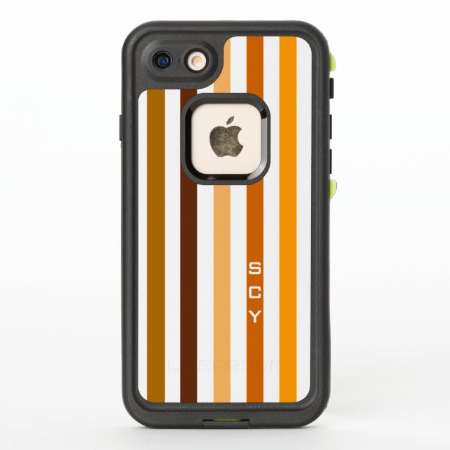 Tan Brown Orange Vertical Stripes Monogram LifeProof iPhone Case (Back)