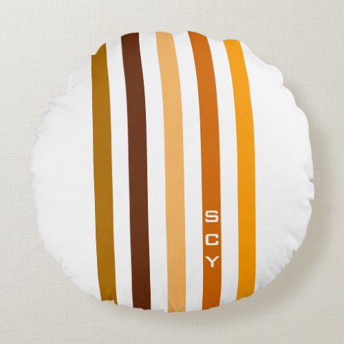 Tan Brown Orange Vertical Stripes Monogram Round Pillow