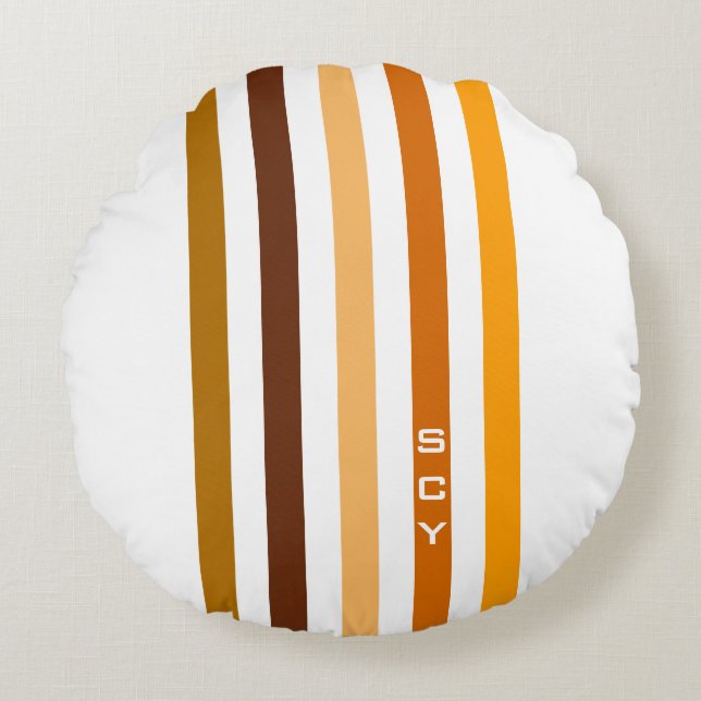Tan Brown Orange Vertical Stripes Monogram Round Pillow (Front)