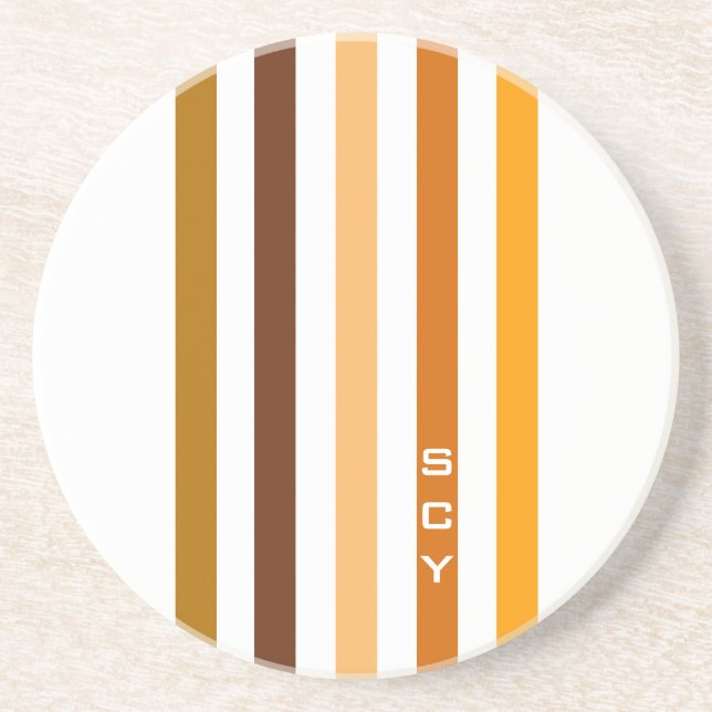 Tan Brown Orange Vertical Stripes Monogram Sandstone Coaster (Front)