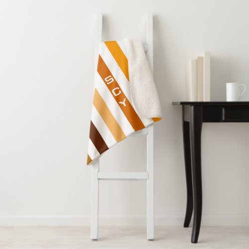 Tan Brown Orange Vertical Stripes Monogram Sherpa Blanket