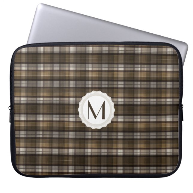 Tan & Brown Plaid Personalized Monogram Laptop Sleeve (Front)