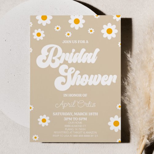 Tan Brown Retro Daisy Flower Bridal Shower Invitation