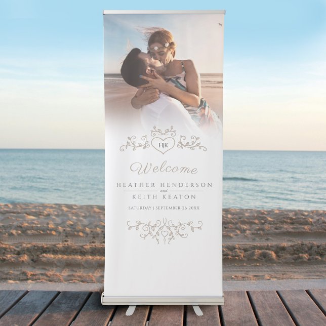 Tan brown white leaves wedding photo heart  retractable banner (Creator Uploaded)