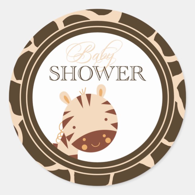 Tan + brown zebra boys baby shower stickers (Front)