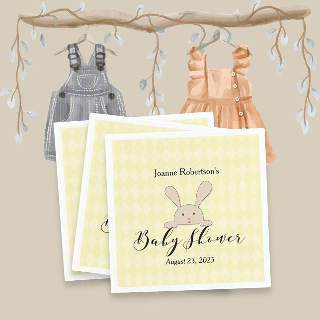 Tan Bunny Baby Shower Modern | Yellow Argyle Napkins (Creator Uploaded)