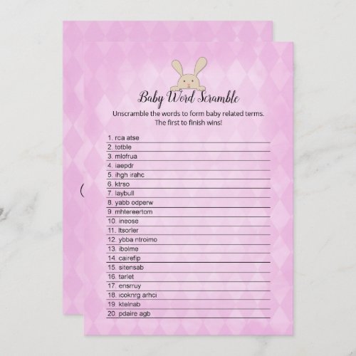 Tan Bunny Purple Argyle Baby Word Scramble Game Invitation