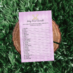 Tan Bunny Purple Argyle Baby Word Scramble Game Invitation