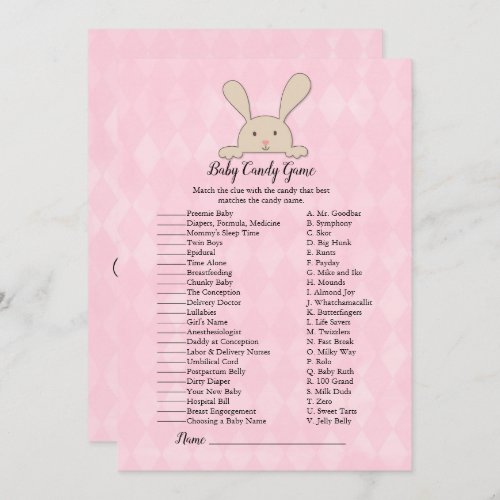 Tan Bunny Rabbit Pink Baby Candy Shower Game Invitation