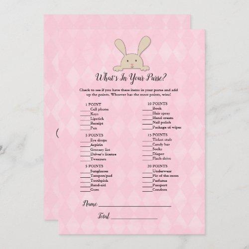 Tan Bunny Rabbit Pink Whats In Your Purse Game Invitation