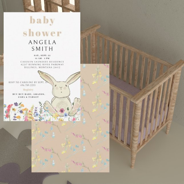 Tan Bunny & Wildflowers Colorful Baby Shower Invitation (Creator Uploaded)