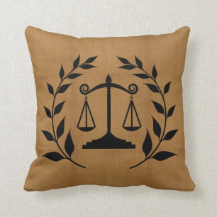 Tan Burlap Print - Silhouette Scales of Justice Throw Pillow