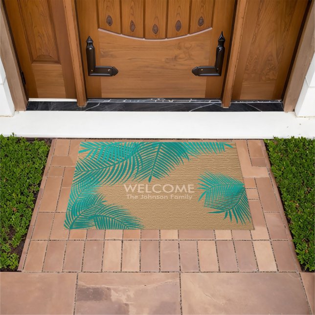 Tan Burlap with Teal Palm Leaves Doormat (Outdoor)