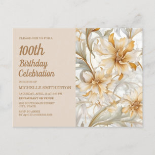 Tan Champagne Floral Women's 100th Birthday Invitation Postcard