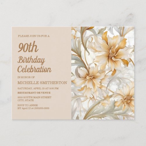 Tan Champagne Floral Womens 90th Birthday Invitation Postcard