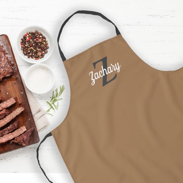 Tan Charcoal Gray Monogram Personalized Apron (Creator Uploaded)