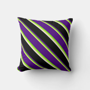 Tan, Chartreuse, Indigo, Black, and White Lines Throw Pillow