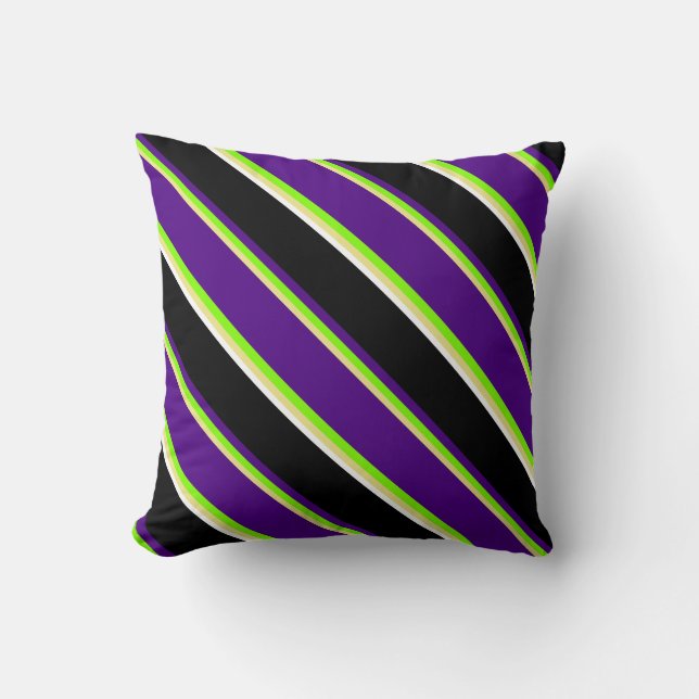 Tan, Chartreuse, Indigo, Black, and White Lines Throw Pillow (Front)