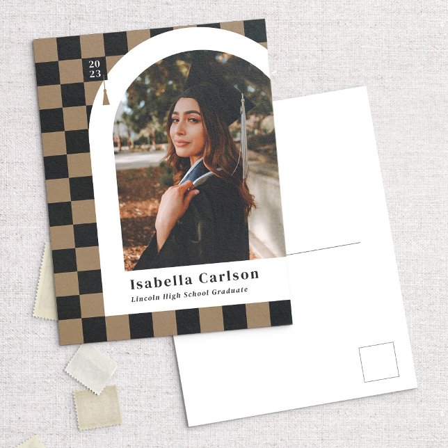 Tan Checkered Arch Photo Graduation Announcement Postcard (Creator Uploaded)