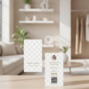 Tan Checkered Gold QR Code Boutique Vertical Photo Business Card
