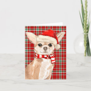 Tan Chihuahua and Red Plaid Christmas Holiday Card