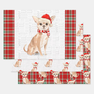 Tan Chihuahua Christmas Dog and Plaid Wrapping Paper Sheets