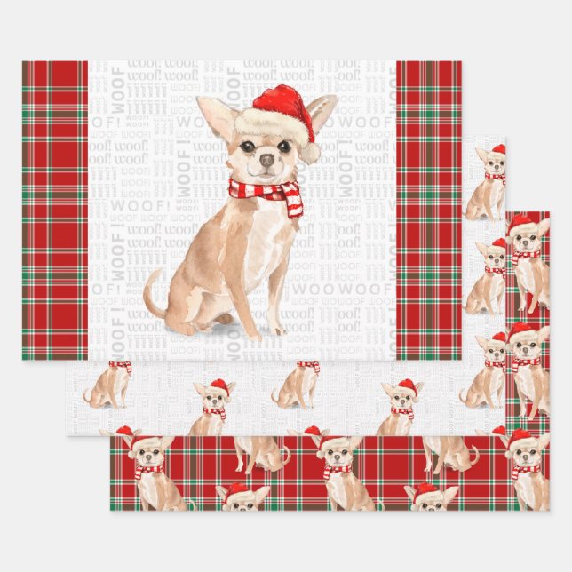Tan Chihuahua Christmas Dog and Plaid Wrapping Paper Sheets (Set)