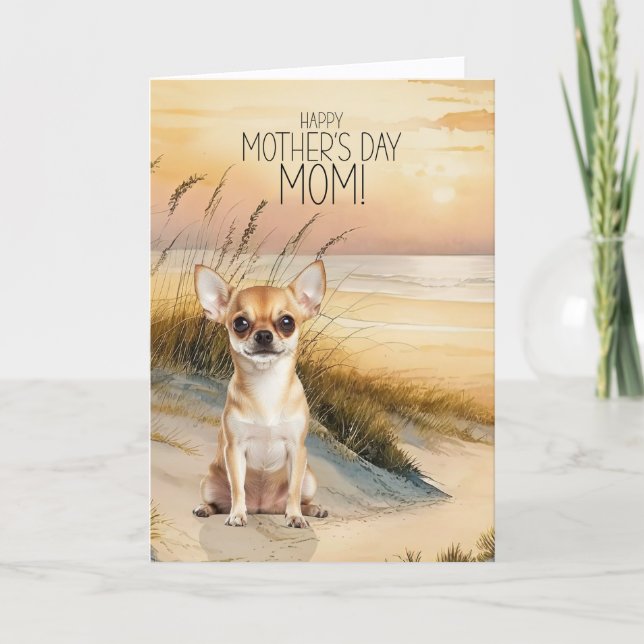 Tan Chihuahua Dog Sunset Beach Mother's Day Holiday Card (Front)