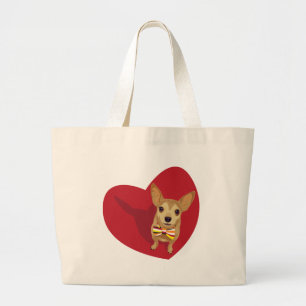 Tan Chihuahua with a bow tie in a red heart Large Tote Bag