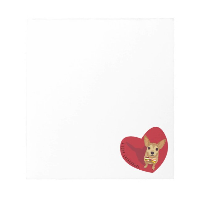 Tan Chihuahua with a bow tie in a red heart Notepad (Front)