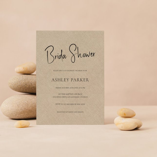 Tan Color Linen Simple Black Script Bridal Shower Invitation (Creator Uploaded)