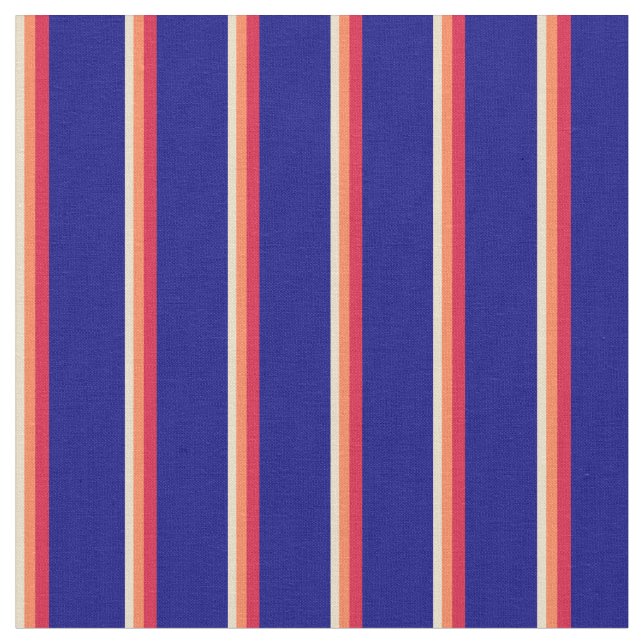 Tan, Coral, Crimson & Blue Lines Fabric (Close Up)