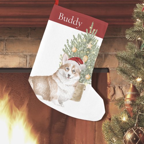 Tan Corgi Dog Christmas Tree Watercolor Pet Small Christmas Stocking