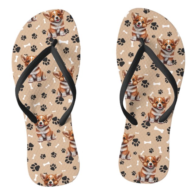 Tan Corgi Puppy Pawprints Flip Flops (Footbed)