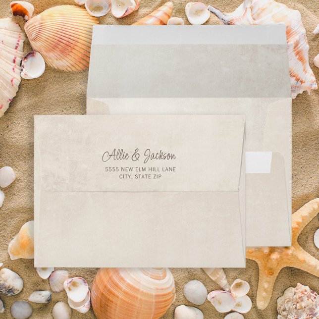 Tan Cream Beach Wedding Return Address Envelope (Beach/sea shells wedding envelope)
