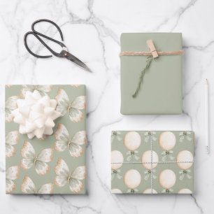 Tan Cream Green Butterflies Balloons Birthday Wrapping Paper Sheets